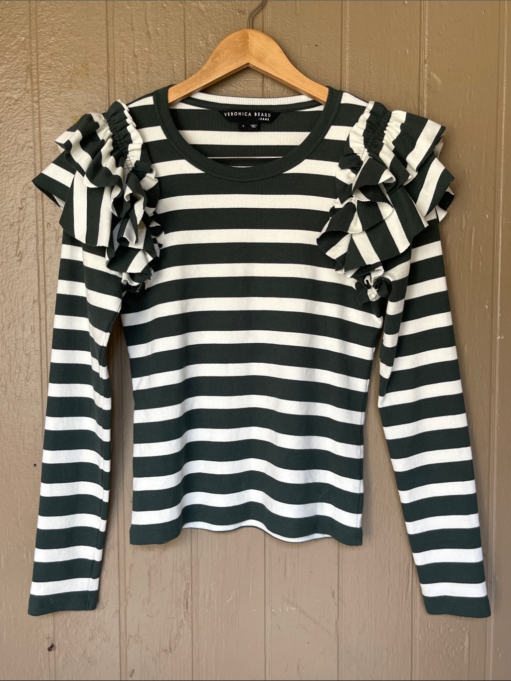 Veronica Beard Segrist Ruffed Strip- Long Sleeve Top Size S
